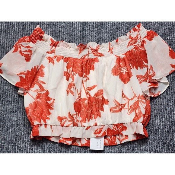 the room Tops - The Room Floral Off The Shoulder Crop Top Red White Smocked Ruffle Blouse